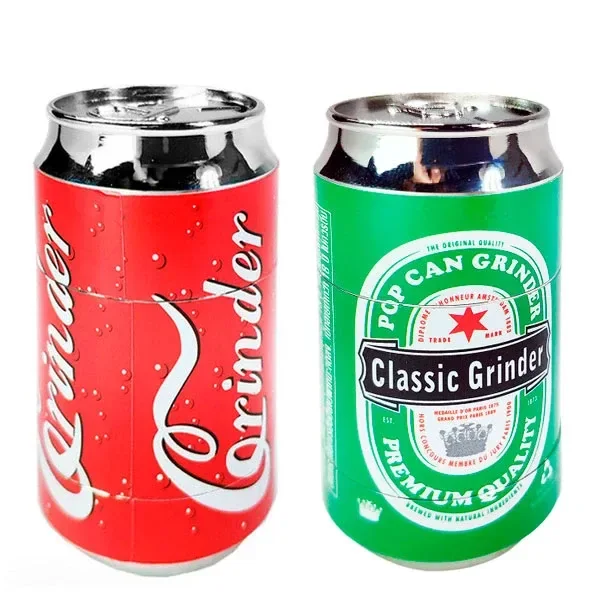 Modelos de grinder en forma de lata de refresco, uno rojo y otro verde, con tapas plateadas y textos decorativos en blanco.