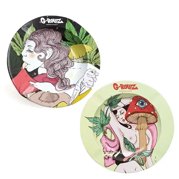 Ceniceros redondos G-Rollz con distintos diseños ilustrados de mujeres, hojas, un ave y una seta roja con un ojo.