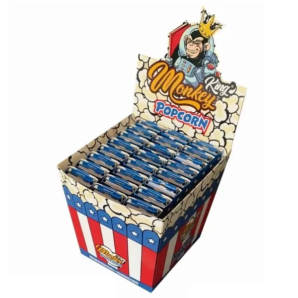 Expositor Monkey King Popcorn con varias unidades de papel y filtros, franjas rojas y blancas y un mono coronado en la cabecera. Expositor Monkey King Popcorn con varias unidades de papel y filtros, franjas rojas y blancas y un mono coronado en la cabecera.