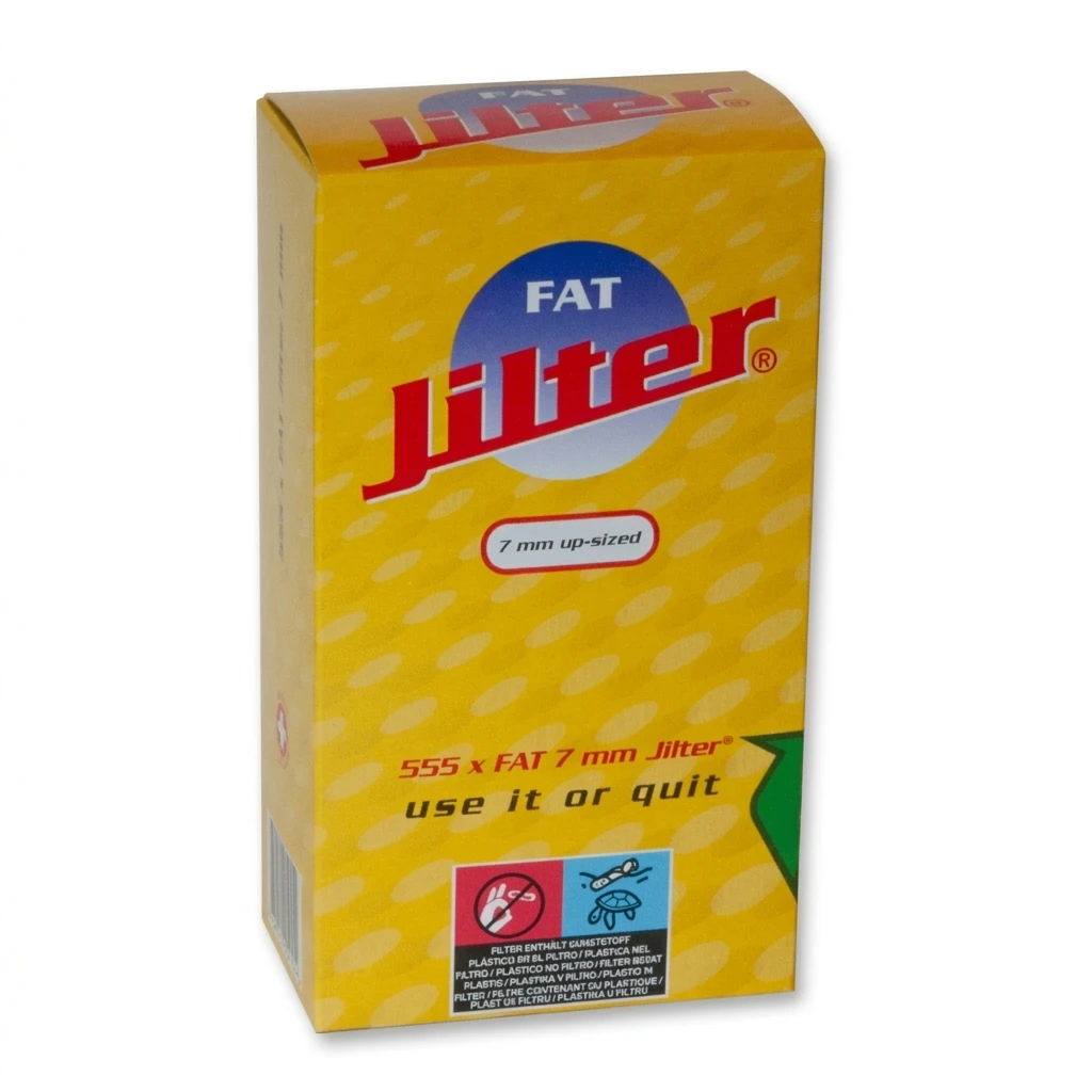 Caja amarilla de filtros Jilter Fat Roll-in 7 mm, vista en perspectiva, con logotipo rojo sobre un círculo azul y blanco.