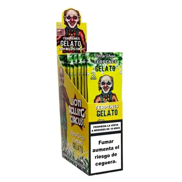 Expositor amarillo de sobres Rolling Circus Hemp Wraps Gelato, con dibujos de payasos y advertencia sobre el riesgo de fumar.