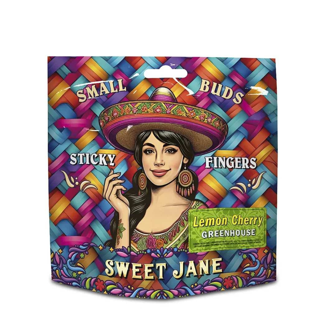 Bolsa Sweet Jane Small Buds con diseño multicolor, una mujer ilustrada con sombrero y etiqueta Lemon Cherry Greenhouse.