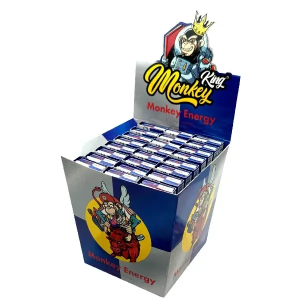 Expositor Monkey King con varias filas de librillos, ilustraciones de monos y un cartel superior con el texto Monkey Energy.
