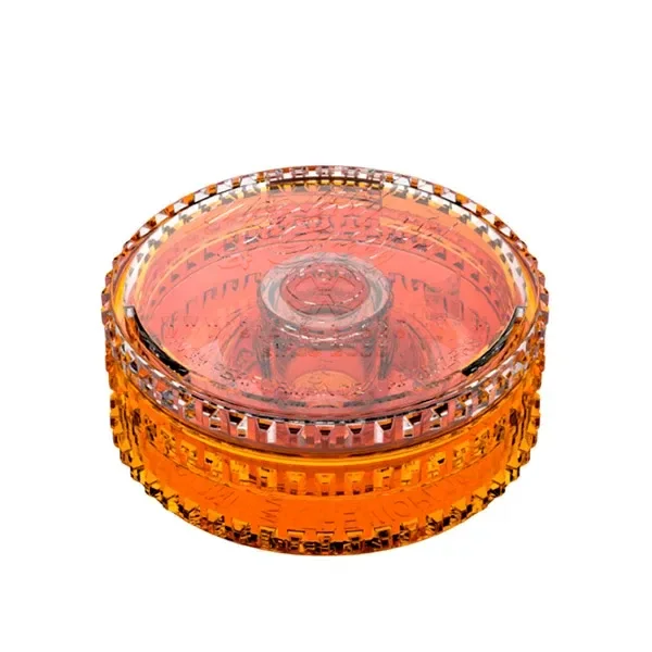 Adaptador de llenado Mighty / Crafty circular y naranja translúcido, con tapa transparente y abertura central, sobre fondo blanco.