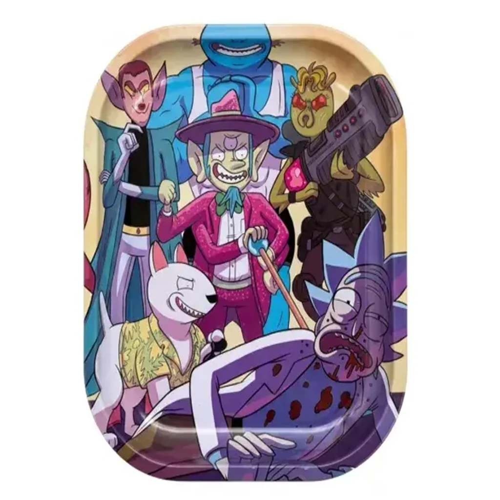 Bandeja para liar Rick Attacked de esquinas redondeadas, con personajes de dibujos y Rick recostado en primer plano sobre fondo blanco.