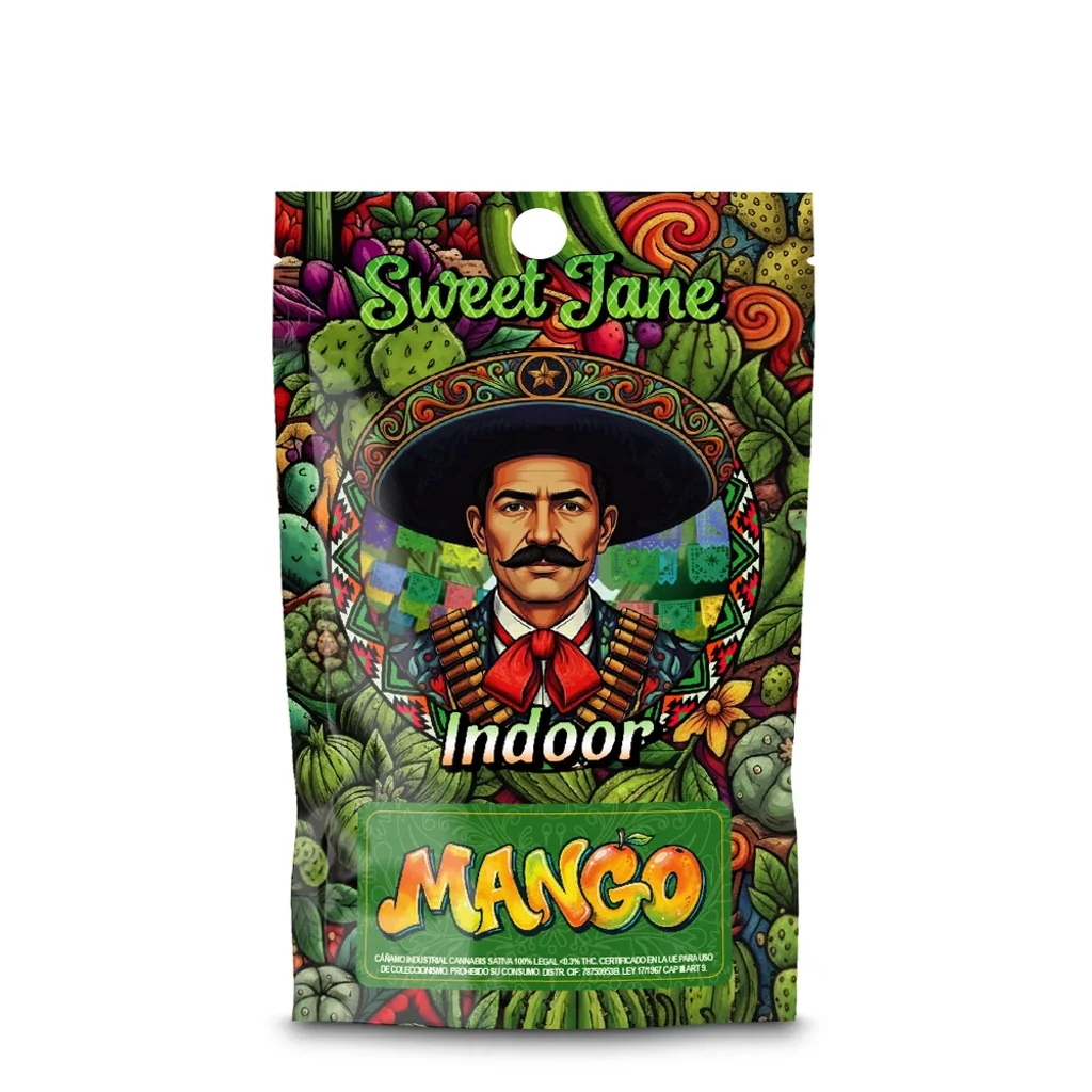 Bolsa Sweet Jane Indoor Mango con ilustración de un hombre con sombrero y bigote, rodeado de cactus y motivos vegetales.
