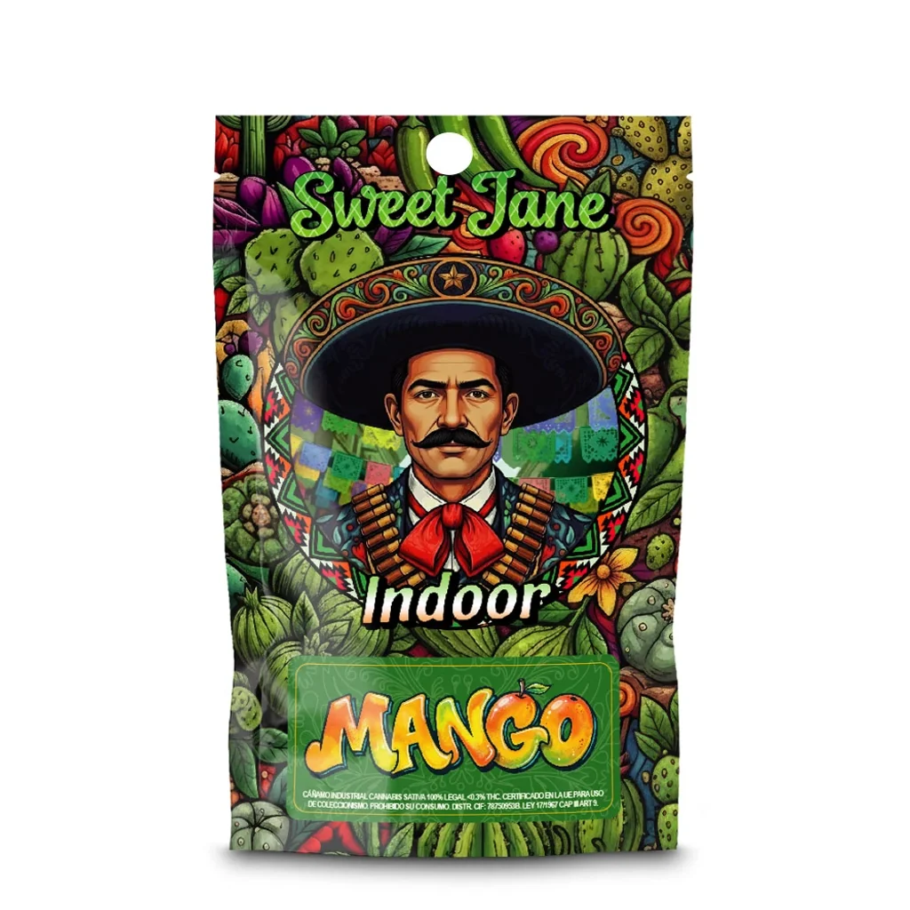 Envase Sweet Jane Indoor Mango con ilustración de un hombre con sombrero y bigote, rodeado de cactus y motivos vegetales de colores.