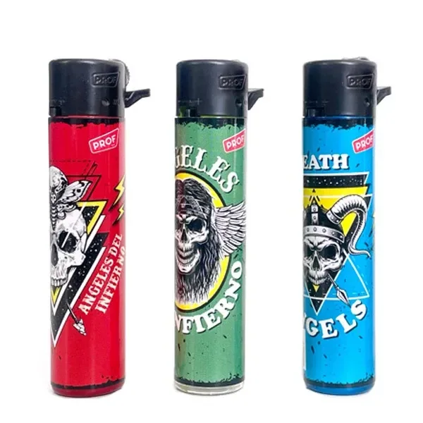 Selección de mecheros PROF en rojo, verde y azul, con cabezales negros y distintos diseños de calaveras, alas y letras.
