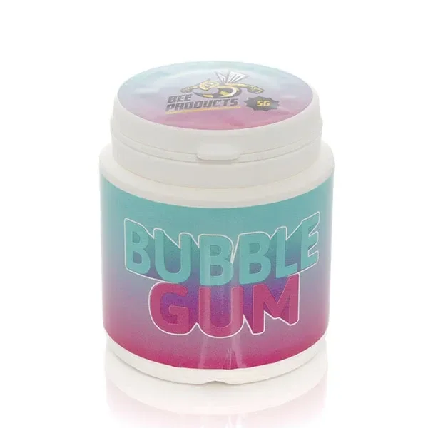 Bote blanco cerrado de Bee Bubble Gum con etiqueta degradada en turquesa y rosa, sobre fondo blanco con reflejo en la base.