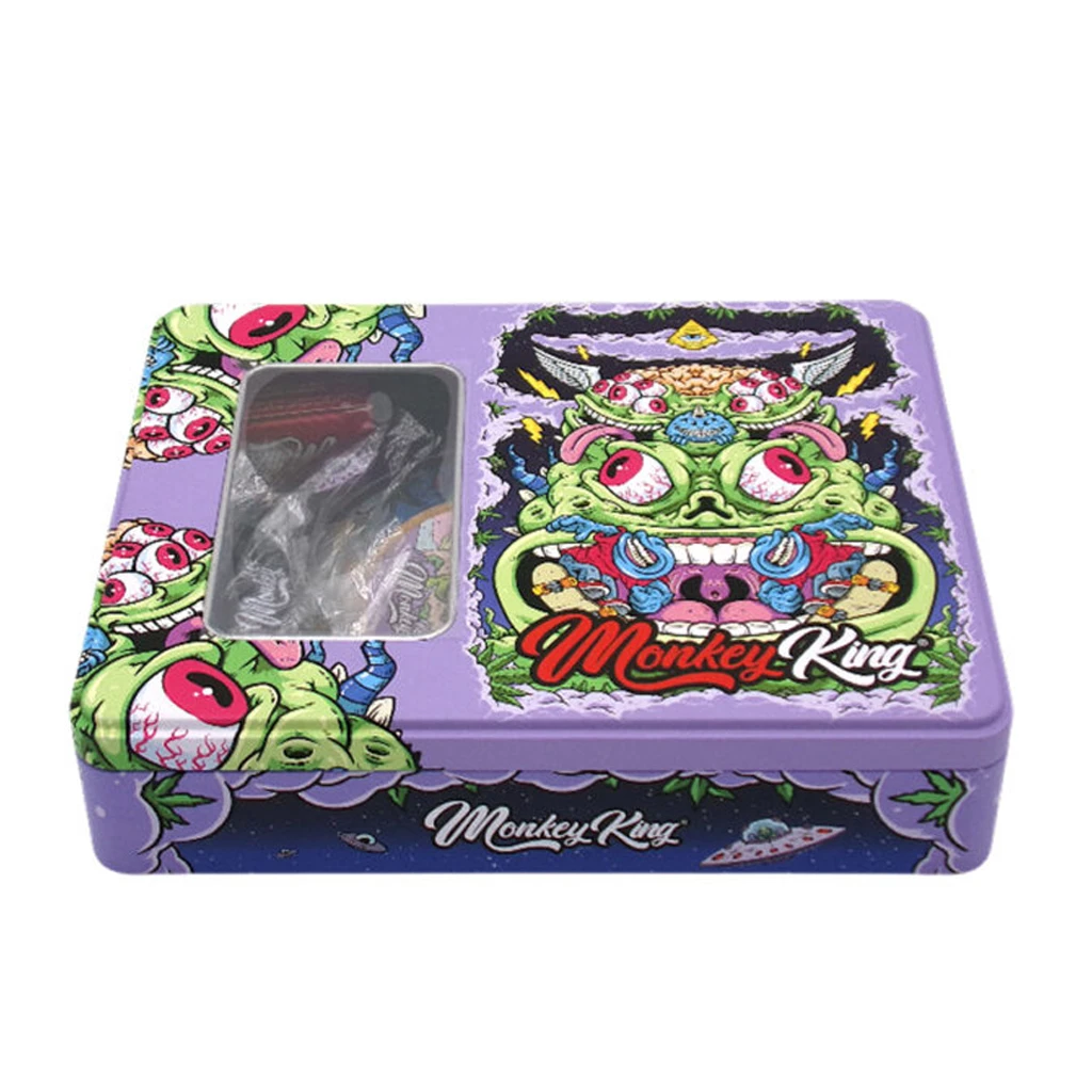 Caja morada Monkey King Try Kit Purple con ventana en la tapa e ilustraciones de criaturas verdes con grandes ojos y lenguas rosas.