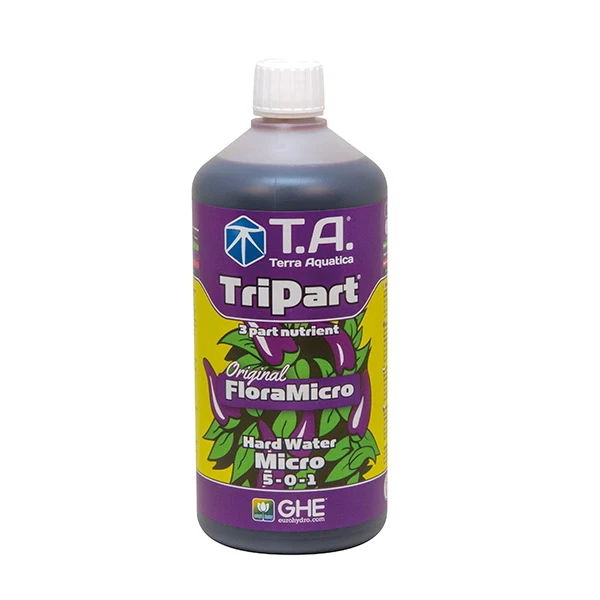 Botella de FloraMicro Hard Water de Terra Aquatica GHE con tapón blanco y etiqueta morada y verde que indica Micro 5-0-1.