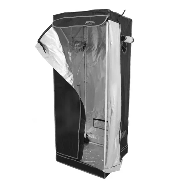Armario de cultivo Pure Tent V2.0 negro, con puerta frontal abierta, interior plateado y bocas de ventilación laterales.