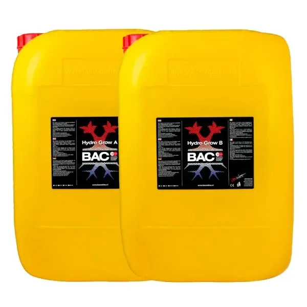 Bidones amarillos de Hidro Grow A y B de BAC, con tapones rojos y etiquetas negras, colocados uno delante del otro.