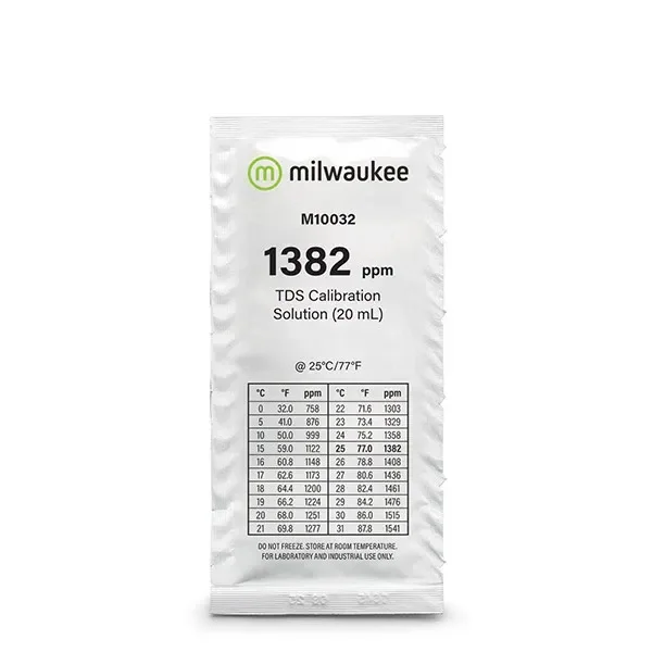 Sobre Milwaukee M10032 de solución de calibración TDS, con indicación de 1382 ppm, contenido de 20 ml y tabla de temperaturas. Sobre Milwaukee M10032 de solución de calibración TDS, con indicación de 1382 ppm, contenido de 20 ml y tabla de temperaturas.