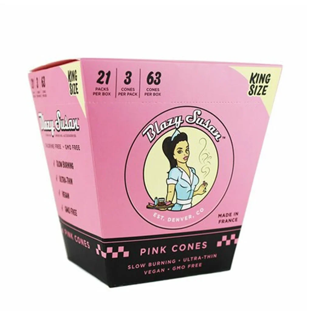 Caja rosa de conos Blazy Susan King Size Pink, con ilustración de una mujer y etiqueta de 21 paquetes de 3 conos, 63 conos en total.