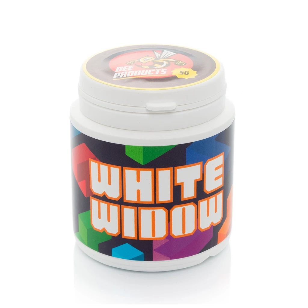 Bote blanco cerrado de CBD Bee White Widow, con etiqueta de figuras multicolores y nombre en letras blancas con borde naranja.