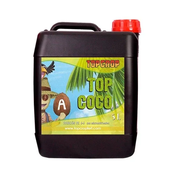 Garrafa negra de Top Coco A de Top Crop, con asa, tapón rojo y etiqueta verde que indica 5 L, sobre fondo blanco.