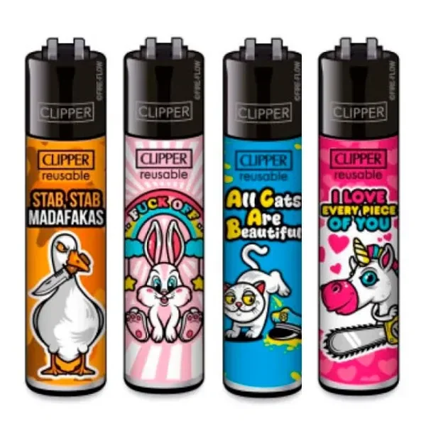 Selección de mecheros Clipper con diseños de pato, conejo, gato y unicornio, fondos de colores y lemas en inglés.