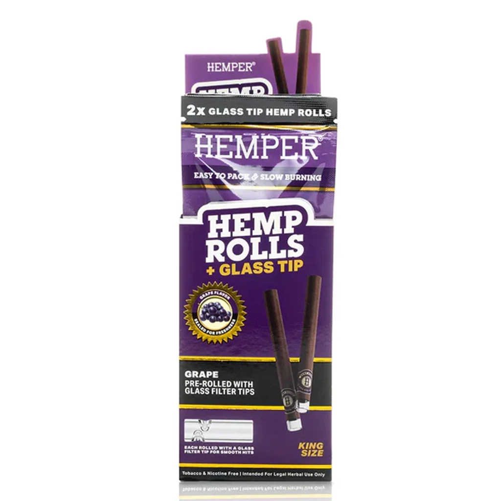 Envase morado de Hemper Hemp Rolls Grape con texto Glass Tip y King Size, ilustraciones de uvas y conos con boquilla de vidrio.