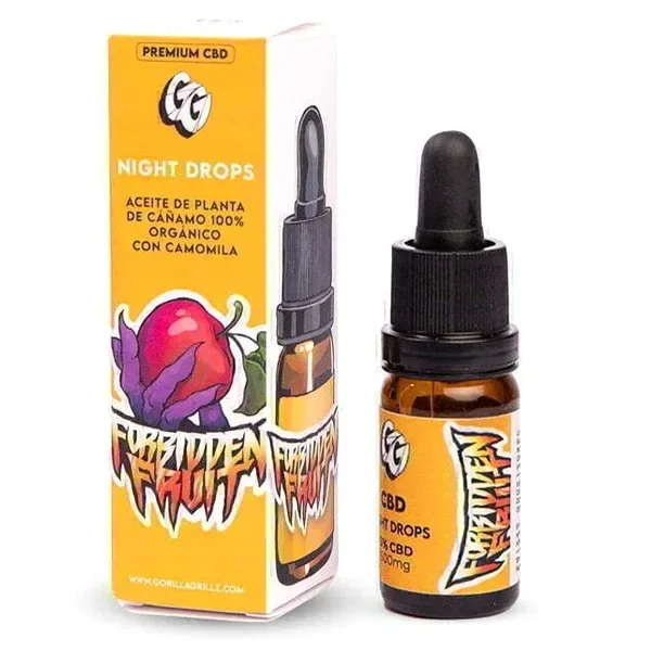 Aceite CBD Gorilla Grillz Night Drops Forbidden Fruit en frasco ámbar con cuentagotas negro, junto a su caja amarilla ilustrada.
