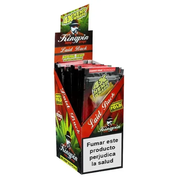 Expositor rojo de Kingpin Hemp Wraps Laid Back con varios sobres, hojas verdes impresas y advertencia sanitaria en español.
