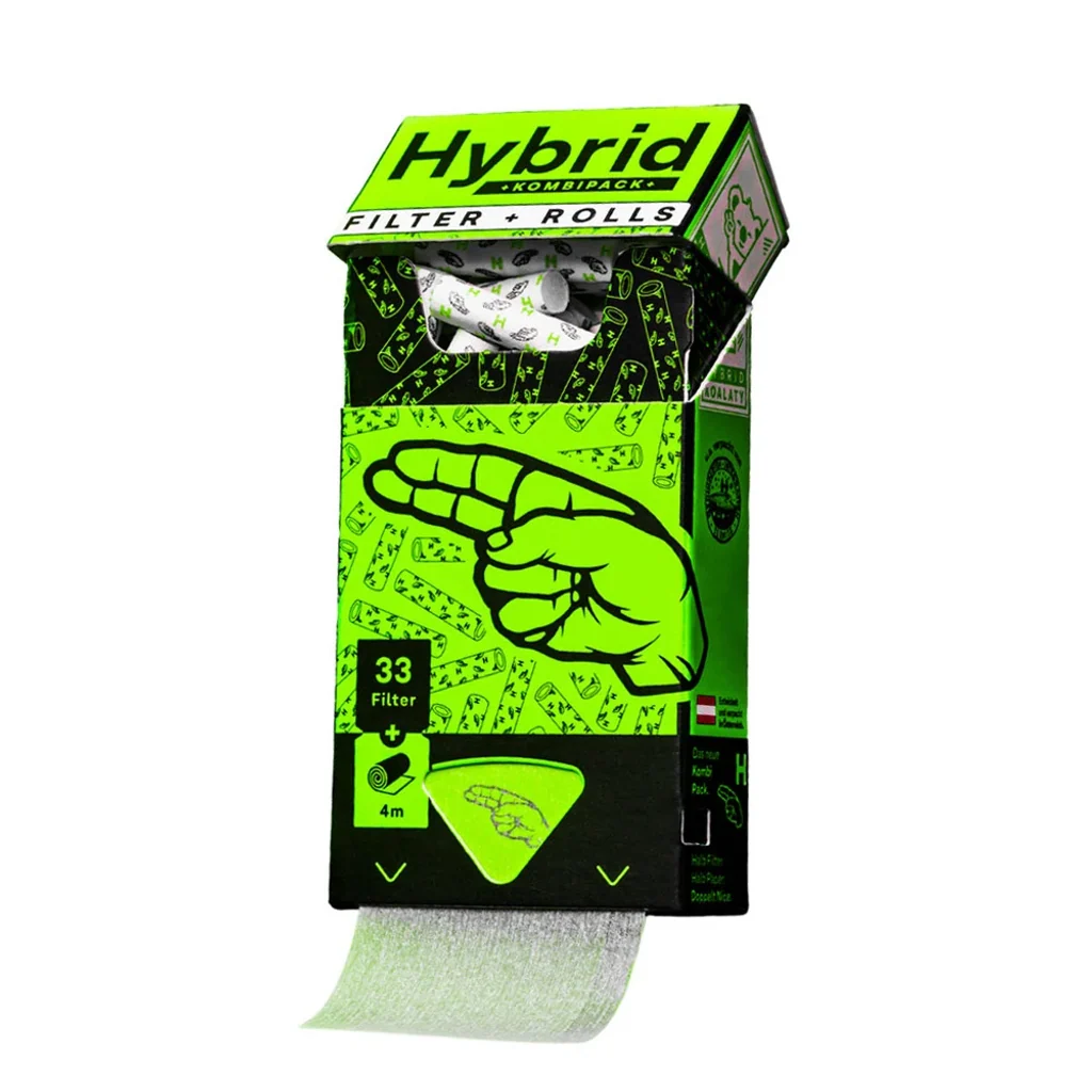 Envase verde y negro Hybrid abierto, con filtros visibles y papel desplegado por debajo; indica 33 filtros y un rollo de 4 m.