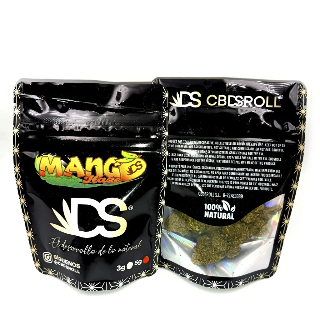 Envase negro de CBDSROLL Mango visto por delante y por detrás, con letras amarillas y ventana transparente que deja ver las flores.