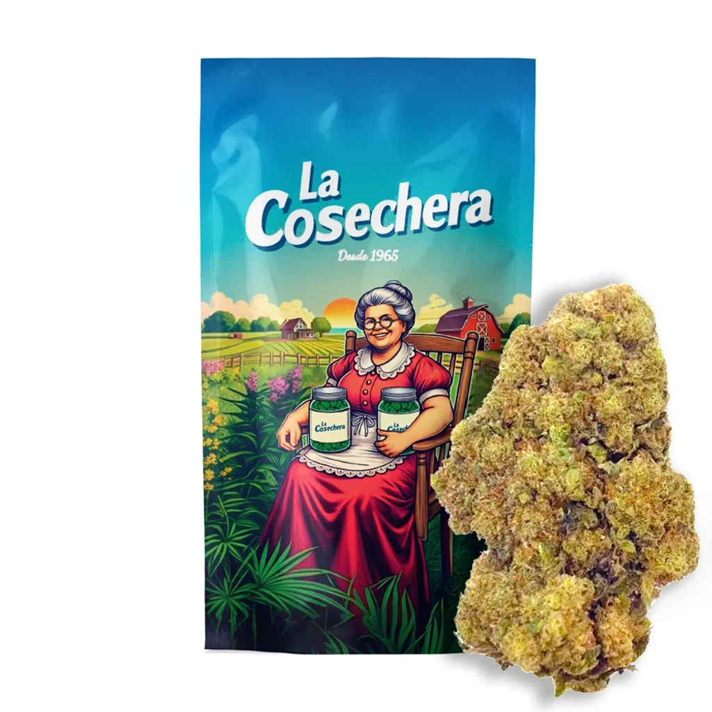 Flor de cáñamo La Cosechera Mimosa junto a una bolsa ilustrada con una mujer de vestido rojo sentada en un paisaje rural.