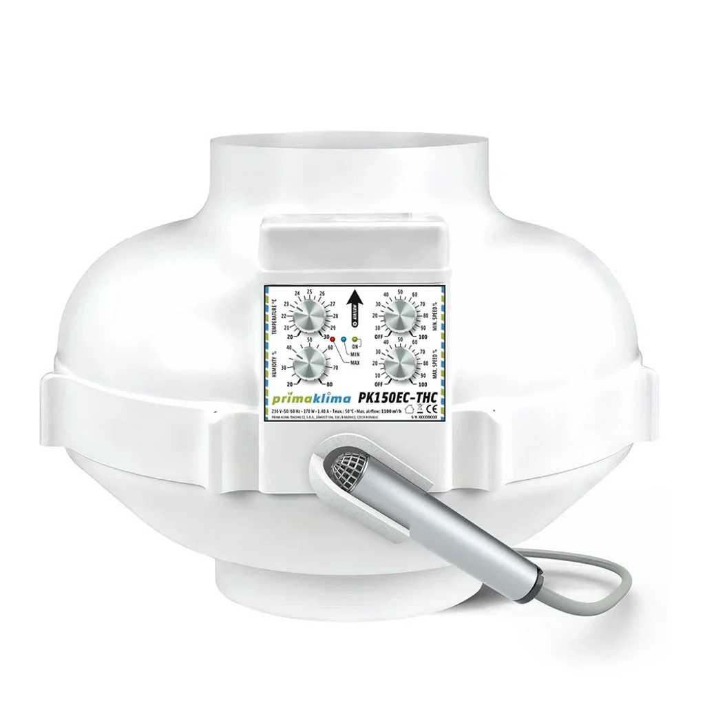 Extractor blanco Prima Klima PK150EC-THC con bocas circulares, panel frontal de cuatro mandos y sonda cilíndrica conectada por cable.