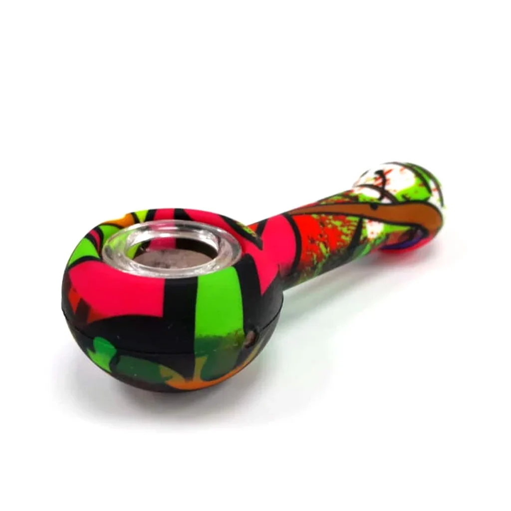 Pipa Easy Garden Smokers en diagonal, con cazoleta transparente y cuerpo de motivos abstractos en rosa, verde, negro y naranja.