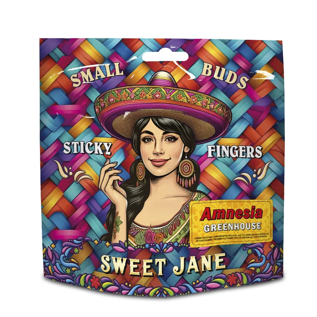 Bolsa Sweet Jane Small Buds Amnesia con fondo multicolor, ilustración de una mujer con sombrero y etiqueta amarilla «Amnesia Greenhouse».