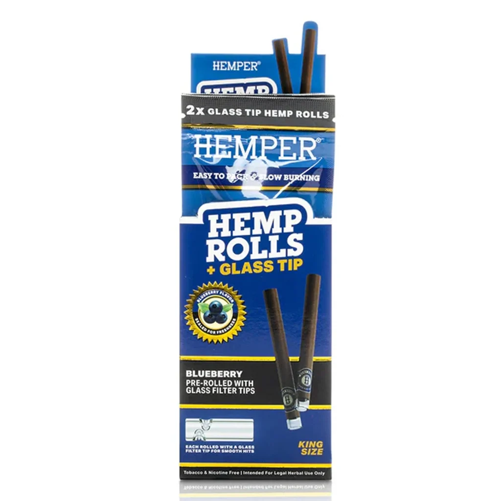 Envase azul Hemper Hemp Rolls Blueberry con texto «Glass Tip», dibujos de conos marrones y una ilustración de arándanos.