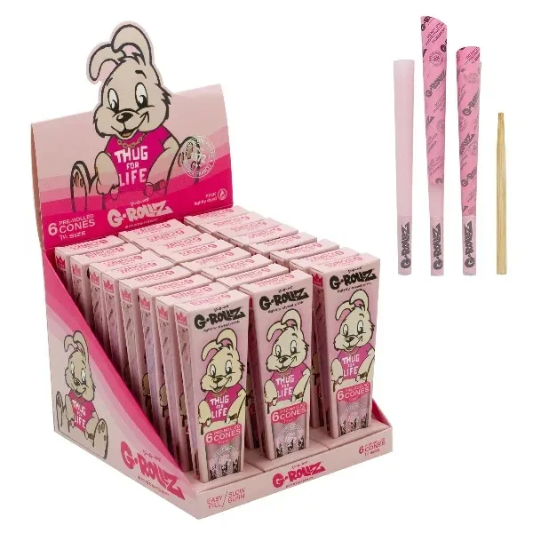 Expositor rosa de conos G-Rollz Thug for Life con un conejo ilustrado, varias cajas y conos rosas mostrados al lado.