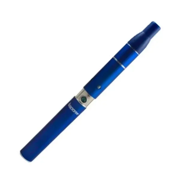 Vaporizador Vaporite Emerald Herb azul, de formato alargado, con boquilla y botón en una banda plateada, dispuesto en diagonal sobre blanco.
