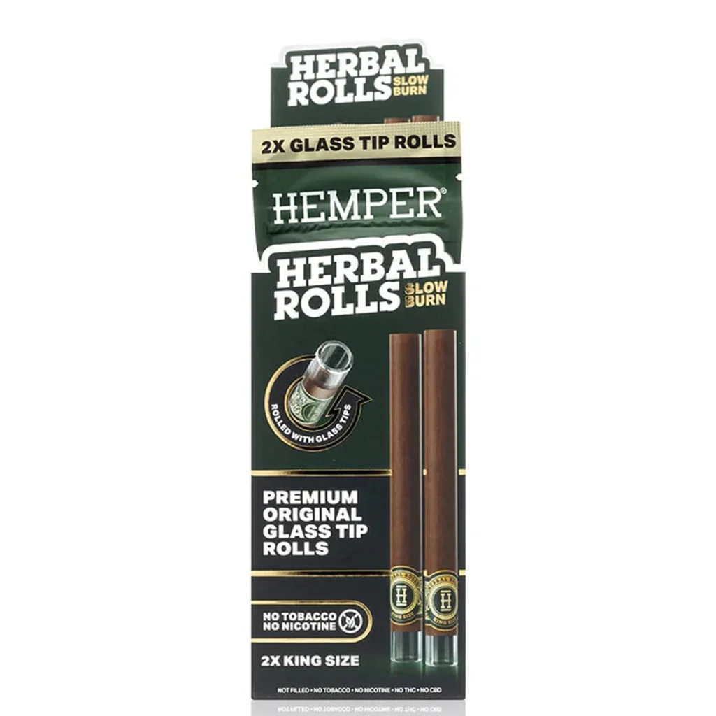 Envase verde oscuro de Hemper Herbal Rolls Original, con dos blunts marrones representados y detalle de las boquillas de vidrio.