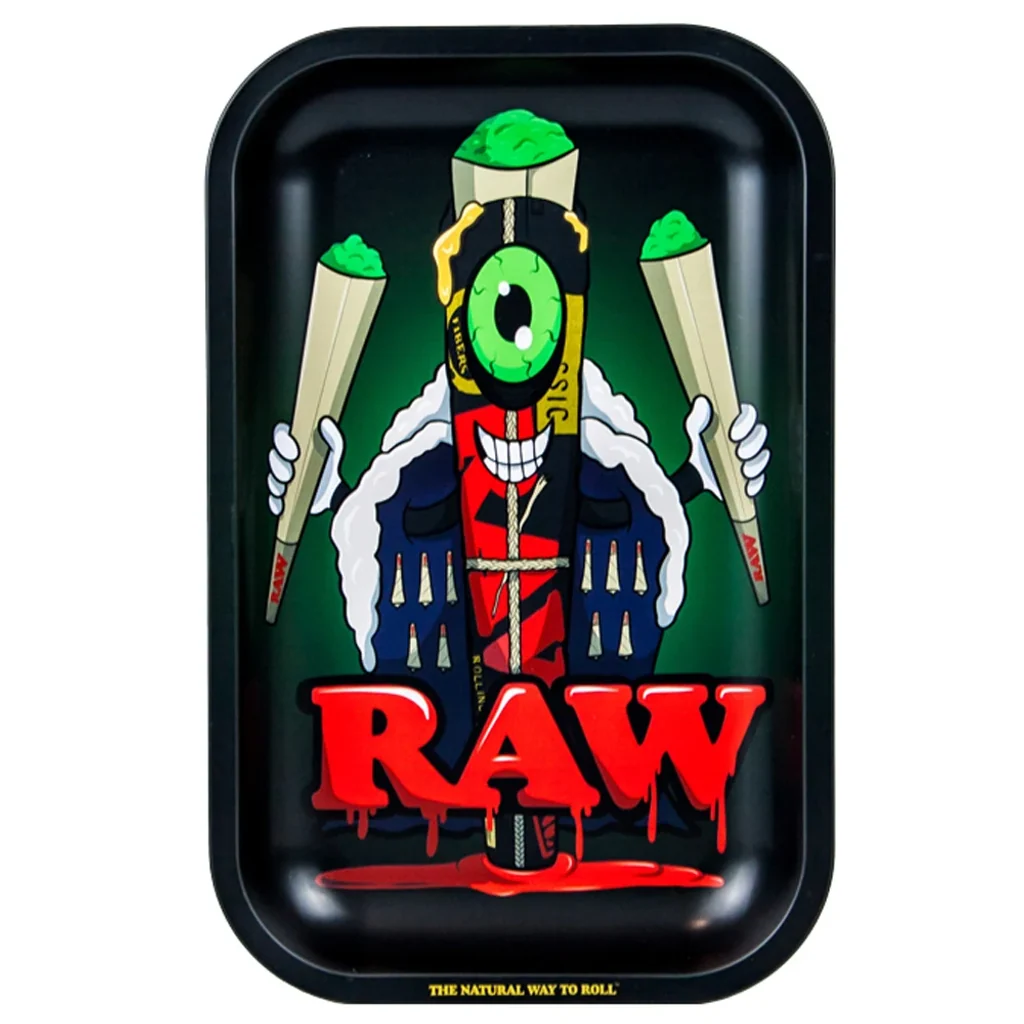 Bandeja Metal Monster RAW negra con bordes redondeados, personaje de un ojo que sostiene conos y gran logotipo RAW rojo.