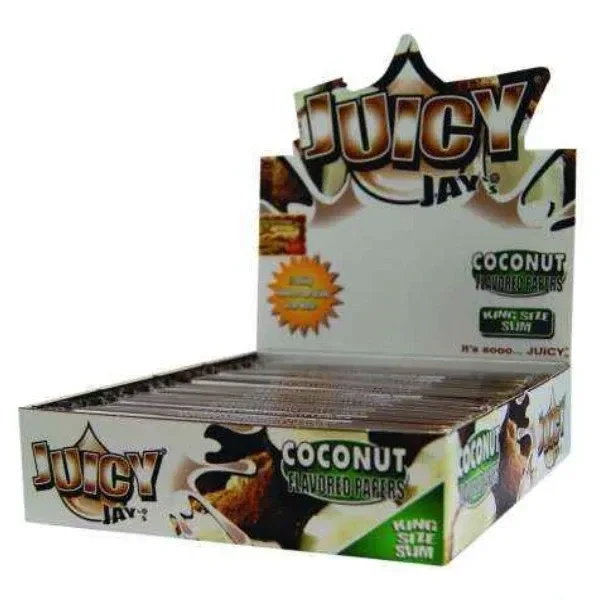 Expositor abierto de papel Juicy Jay's Coconut King Size Slim con varios libritos, dibujos de coco y el nombre de la marca en la cabecera.