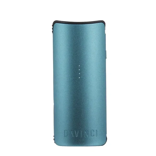 Vaporizador DaVinci MIQRO-C azul turquesa, visto de frente, con cuatro puntos luminosos y el nombre DaVinci grabado en la base.