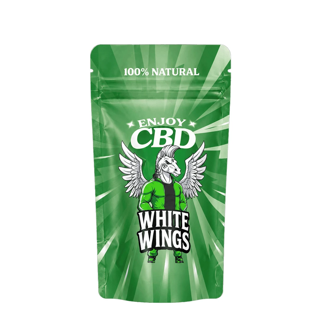 Bolsa verde Enjoy CBD White Wings con cierre resellable, fondo de rayos y personaje de caballo alado con chaqueta verde.
