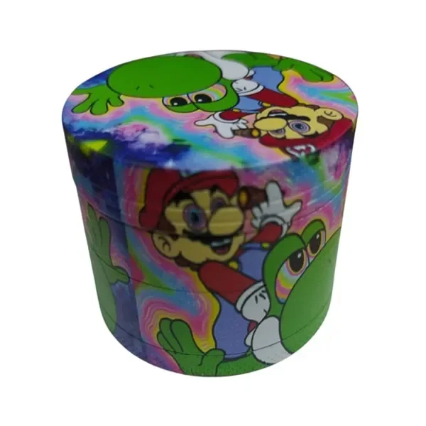 Grinder cilíndrico cerrado, visto en perspectiva, decorado con Mario y Yoshi sobre un fondo multicolor de ondas.