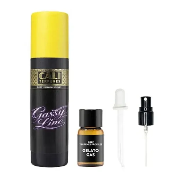 Cali Terpenes Gelato Gas con estuche negro de tapa amarilla, frasco ámbar, cuentagotas y pulverizador separados sobre fondo blanco.