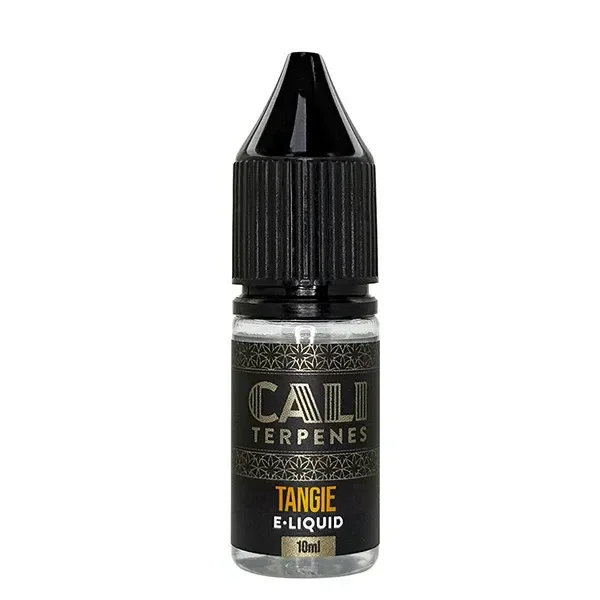 Frasco transparente de e-líquido Cali Terpenes Tangie de 10 ml, con tapón negro estriado y etiqueta negra con detalles dorados.