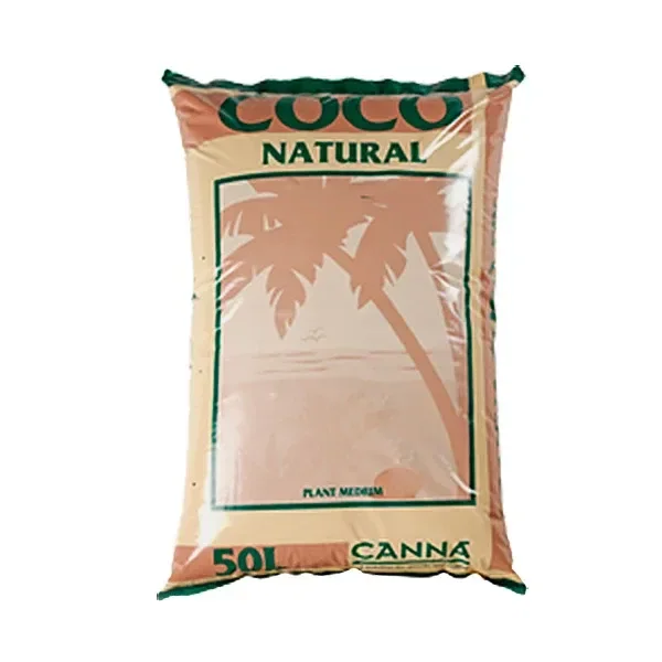 Saco de sustrato Coco Natural Canna de 50 litros, en tonos beige y verde, con una palmera dibujada en el frontal. Saco de sustrato Coco Natural Canna de 50 litros, en tonos beige y verde, con una palmera dibujada en el frontal.