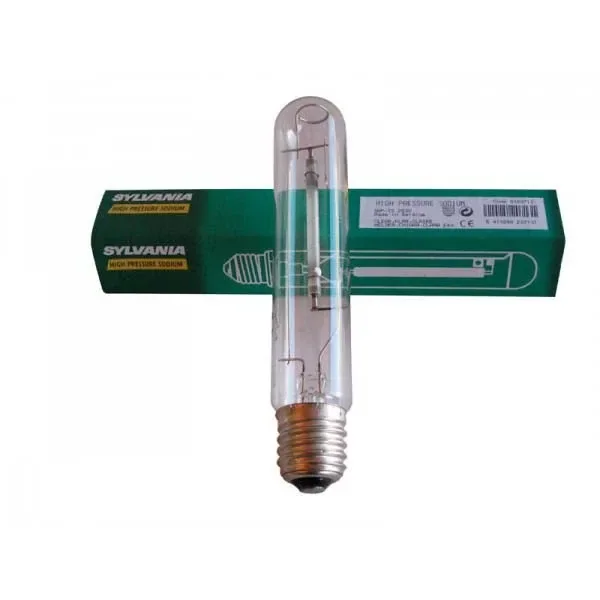 Bombilla tubular transparente Sylvania Grolux con casquillo de rosca y componentes internos visibles, delante de su caja verde.