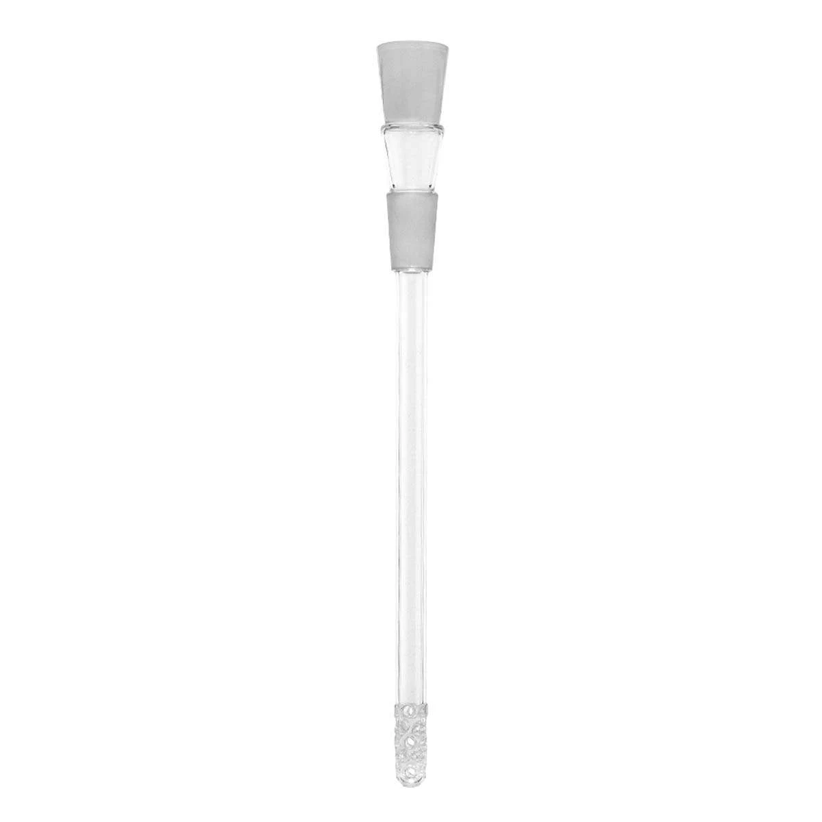 Tubo difusor de cristal transparente para bong, con dos juntas esmeriladas en la parte superior y orificios en el extremo inferior.