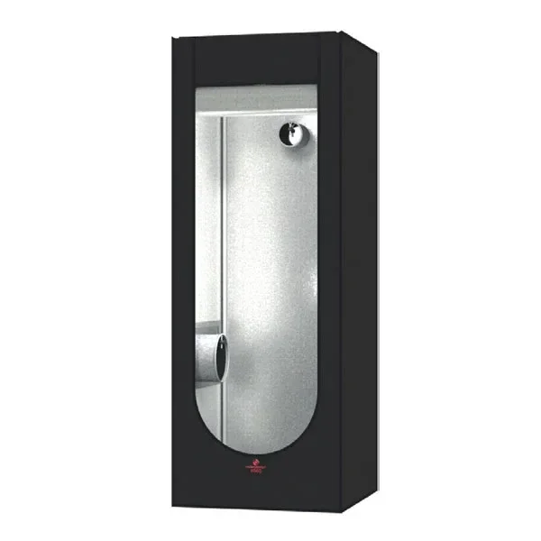 Armario de cultivo Secret Jardin Hydro Shoot 60 V.2.0 negro, con apertura frontal que muestra el interior plateado y bocas circulares.