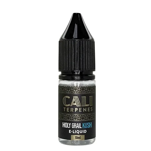Frasco de e-liquid Cali Terpenes Holy Grail Kush de 10 ml con tapón negro estriado y etiqueta negra con letras doradas.