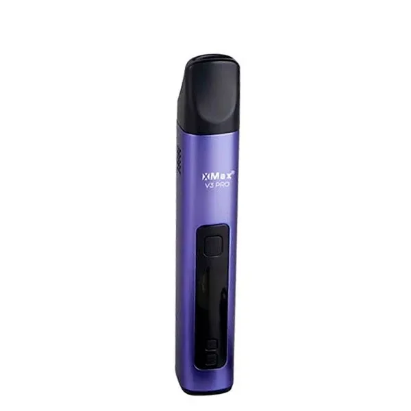 Vaporizador X-Max V3 Pro púrpura en posición vertical, con boquilla negra y panel frontal negro con pantalla y botones.