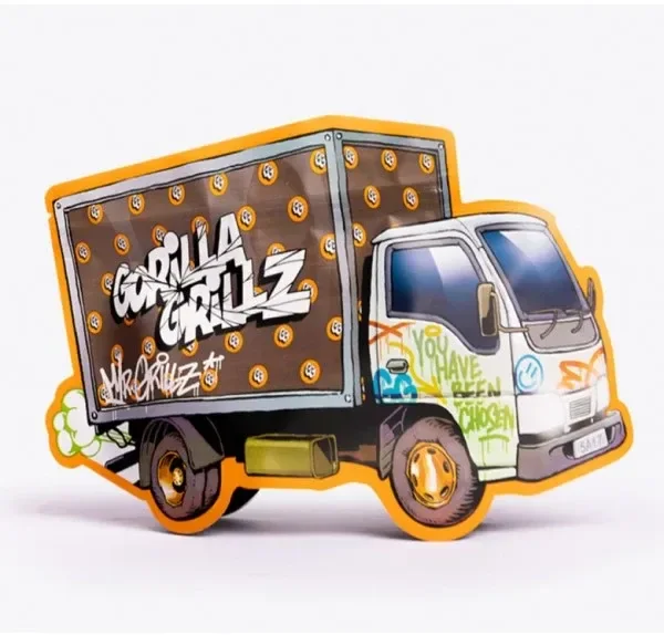 Ilustración de un camión con contorno naranja, cabina blanca y caja oscura decorada con el nombre Gorilla Grillz y motivos de grafiti.