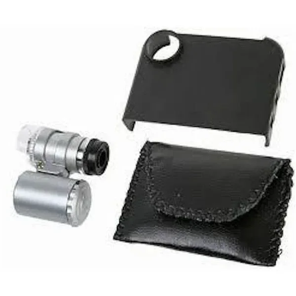 Adaptador de microscopio para teléfono con pieza negra de sujeción, microscopio plateado, tapa cilíndrica y funda negra sobre fondo blanco.